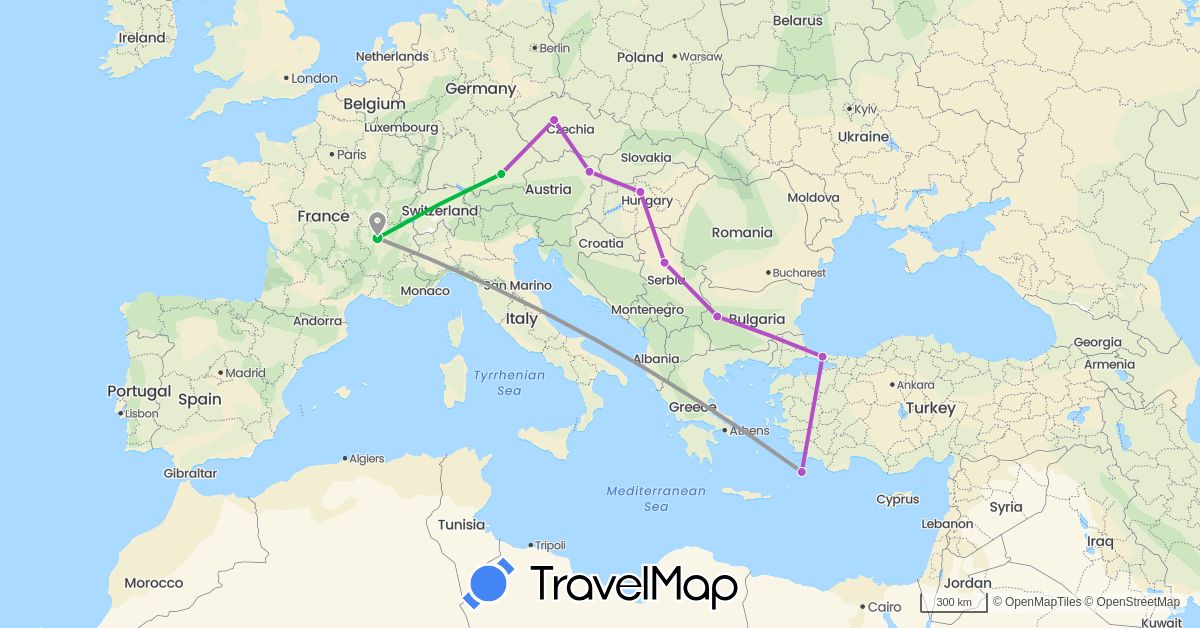 TravelMap itinerary: driving, bus, plane, train in Austria, Bulgaria, Czech Republic, Germany, France, Greece, Hungary, Serbia, Turkey (Asia, Europe)